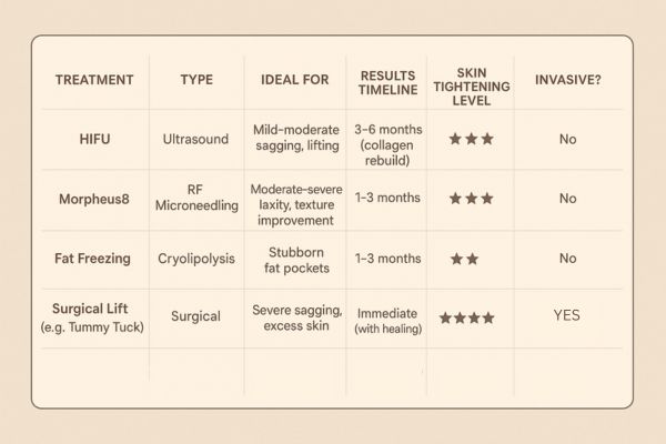 Table showing the comparisons of Skin tightening Sedgley treatment options.